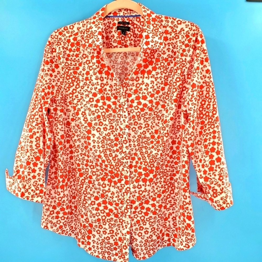 Talbots red and white flower button up top